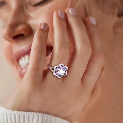 Flower Cocktail Ring for Women Stone Engagement Anniversary Rings | Sterling Silve|Hypoallergenic|Ruby|Sapphire|Emerald|Wedding and Birthday Party Women Statement Ring|Mother and Grandma Gift - color: Amethyst (Feb.)