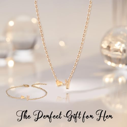 Gold Bracelets For Women Heart Initial Letter Pendant Necklace and Bracelet Set Personalized Jewelry Sets for Women Birthday Gifts for Mom Her Daughter Initial Necklace 14K Silver Plated - style: Gold-V