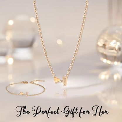 Gold Bracelets For Women Heart Initial Letter Pendant Necklace and Bracelet Set Personalized Jewelry Sets for Women Birthday Gifts for Mom Her Daughter Initial Necklace 14K Silver Plated - style: Gold-V