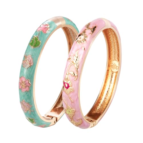 UJOY Cloisonne Bracelet Butterfly Hinge Indian Cuff Bangle Enameled Jewelry Flower Bracelets for Women Gift Box 55A114 - color: A67-2 Pcs/Set-Green and Pink