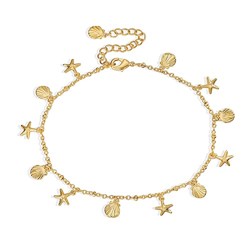 Lit Wall Gold Anklets for Women 18K Gold Plated Adjustable Summer Simple Foot Jewelry Ankle Bracelet for Women - style: Shell and Starfish