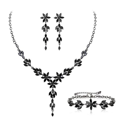 EVER FAITH Crystal Flower Wedding Prom Jewelry Set for Bride Bridesmaid | Rhinestone Costume Party Y-Shaped Necklace Dangle Earrings Bracelet, for Women - color: Black Black-Tone