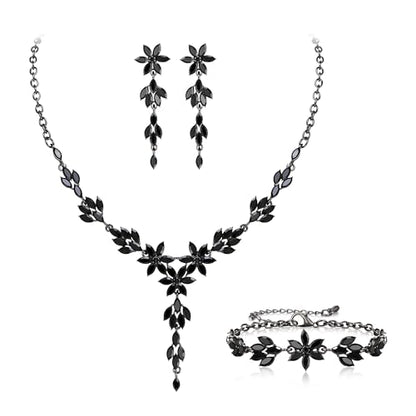 EVER FAITH Crystal Flower Wedding Prom Jewelry Set for Bride Bridesmaid | Rhinestone Costume Party Y-Shaped Necklace Dangle Earrings Bracelet, for Women - color: Black Black-Tone