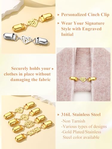 Custom4U Personalized Sweater Clips for Cardigans, Custom Name Initials Cinch Clip, Stainless Steel Dress Clips Back Cinch Shirt Clips for Women Clothing, Shawl Dress Shirts Cincher Small Brooch Jewelry Gifts - color: Gold Color-Heart