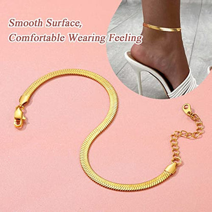 FindChic Elegant Herringbone Snake Chain Anklets/Bracelets 3MM/5MM Width Stainless Steel/18K Gold/Rose Gold Plated/Black 4 Color Options, 8.3'' 8.5'' 10.5'' Length, with Gift Box - color: A: 5mm 8.5'' anklet (Gold Plated)