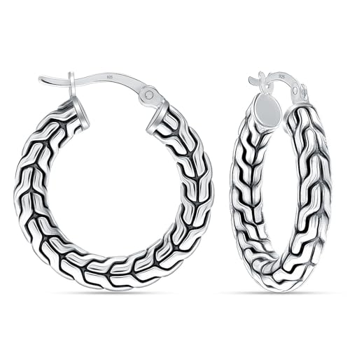 LeCalla Sterling Silver Hoop Earrings for Women | Lightweight Silver Chunky Hoop Earrings | Handmade Electroform Hollow Italian Design Click-Top Earrings Hoop - color: Bali Carved Chain