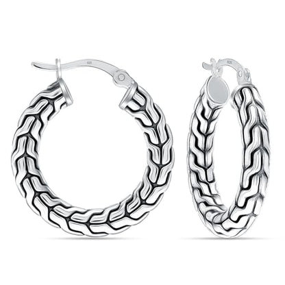 LeCalla Sterling Silver Hoop Earrings for Women | Lightweight Silver Chunky Hoop Earrings | Handmade Electroform Hollow Italian Design Click-Top Earrings Hoop - color: Bali Carved Chain