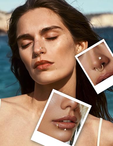 JeryWe 12PCS Nose Rings for Women - Gold Plated Hypoallergenic Surgical Steel Nose Rings Hoops Lip Septum Clicker Ring CZ Screw L Shaped Studs Threadless Flat Back Stud Nostril Piercing Jewelry - color: Gold Tone - Heart
