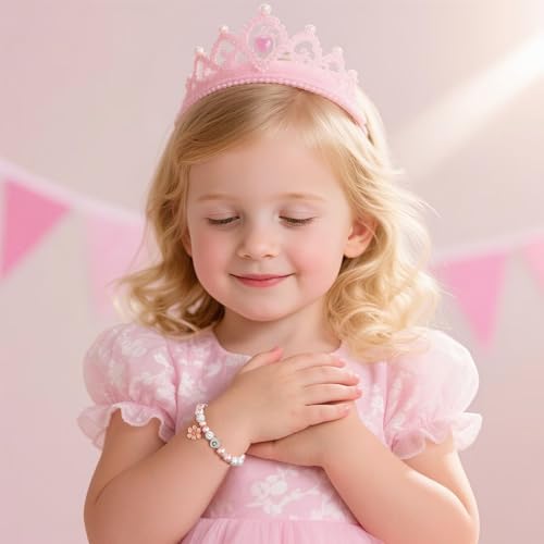 MONOOC Flower Charm Bracelet for Girls Kids - Birthday Gifts for Kids Girls | Gift Box Packaging, Flower Girl Gift，Adjustable Length， Pink Beaded Bracelet for Teen Girls Kids，Unique Initial Bracelet - color: B