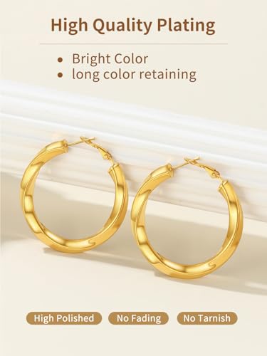 FindChic Twisted Hoop Earrings for Women, Silver/Black/14K Gold Plated Hypoallergenic Hollow Tube Rounded Loop Earrings, 30mm/40mm/60mm/80mm Hoops with Custom Name Options and Gift Box - color: c.Gold, size: 40MM