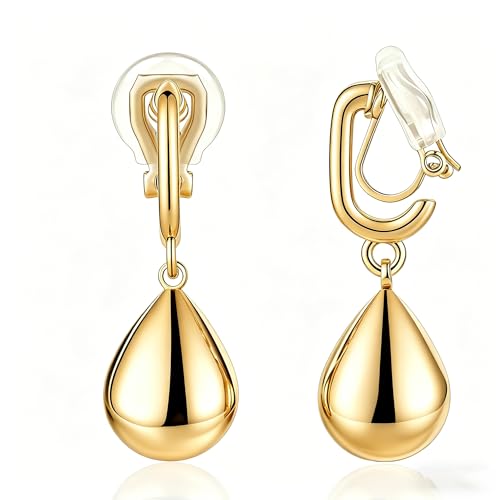 FAN&LOUIS Gold Sliver Teardrop Clip On Earrings for Women，Non-Pierced Trendy Statement Dangle Water Drop Women's Hypoallergenic Clip-On Earrings - style: Gold