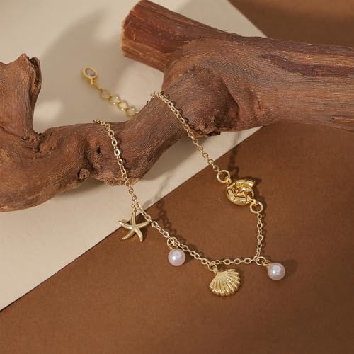 Gold Bracelets for Women, Dainty Friendship Charm Bracelet 14K Gold Plated Summer Shell Starfish Pearl Bracelet Cute Heart Charm Bracelets for Women Trendy Non Tarnish Beach Jewelry Gifts - color: Gold-Shell