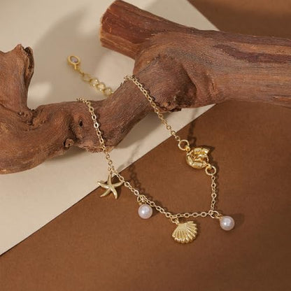 Gold Bracelets for Women, Dainty Friendship Charm Bracelet 14K Gold Plated Summer Shell Starfish Pearl Bracelet Cute Heart Charm Bracelets for Women Trendy Non Tarnish Beach Jewelry Gifts - color: Gold-Shell