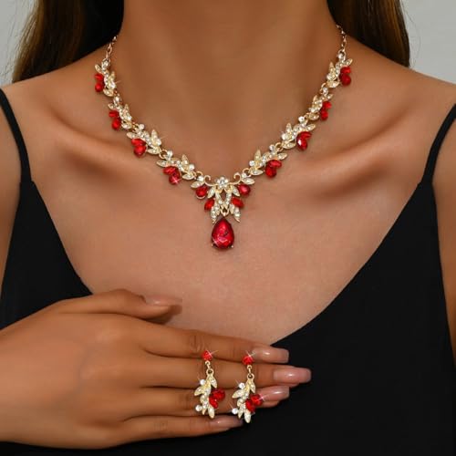 CJIAYUJEW Cubic Zirconia Wedding Jewelry Sets for Bride Bridesmaid Cluster Crystal Teardrop Pendants Jewelry Set Necklace Earring for Brides Bridesmaid for Wedding Party - color: Red