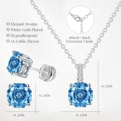 Rose Cut Silver Solitaire Necklace and Earring Set for Women, Jewelry Gift | Rose Cut, Cubic Zirconia, Necklace and Stud Earrings Set, Jewelry Set, Minimalist - color: Aquamarine Blue