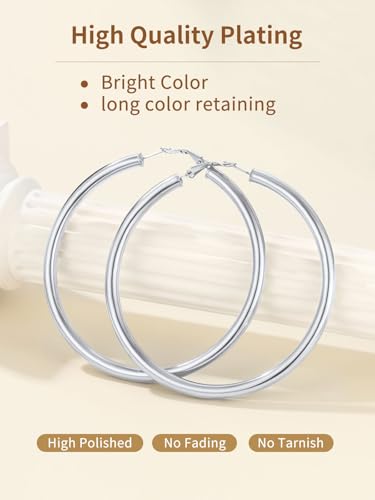 FindChic Hoop Earrings for Women, Silver/Black/14K Gold Plated Hypoallergenic Hollow Round Tube Loop Earrings, 20mm/30mm/40mm/60mm/80mm Chunky Hoops with Custom Name Options & Gift Box - color: b.Silver, size: 80MM