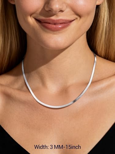 PROSTEEL 3mm/5mm Herringbone Choker Necklace for Women, 12.5"/15"/18", Stainless Steel/Sterling Silver Flat Snake Chain in Silver/Yellow Gold/Rose Gold/Black, Come with Box - color: 3mm-925 Sterling Silver, size: 15 Inch