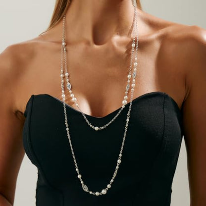 Long Pearl Necklaces for Women Pearl Long Chain Necklace Gold Chain Dainty Delicate Station Necklace Jewelry for Dress Party - color: 2Layer Silver