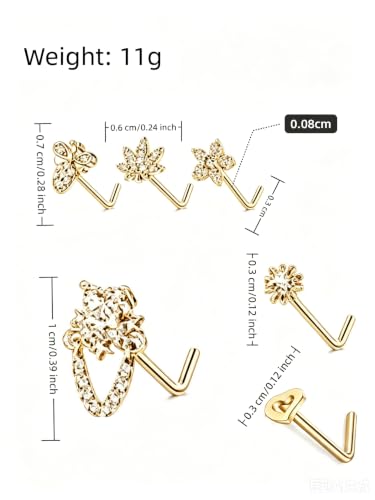 20Pcs L Shaped Nose Studs Set, Stainless Steel & Copper Zircon Inlaid Nose Piercing Jewelry Mixed Flower Moon Snake Heart Star Tiny Nose Pins Unisex for Nostril Piercings - color: gold