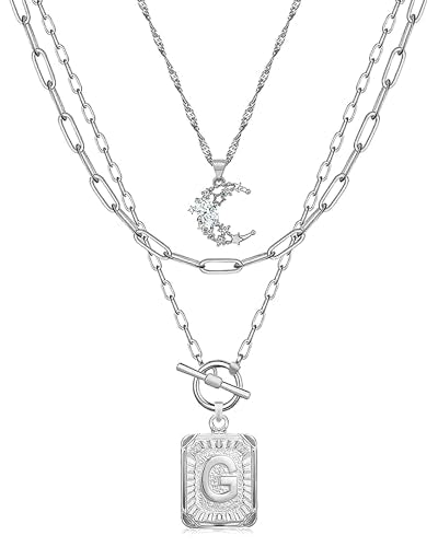 MJartoria Layered Initial Necklaces for Women Trendy, 14K Gold Plated Brass Simple Moon Choker Square Letter Pendant Necklace, Paperclip Chain Necklaces Jewelry Gifts - color: Silver, style: G