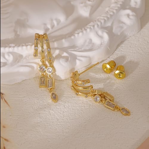 Dangle Earrings for Women,14k Gold Plated Triple Huggie Stud Earrings Cute Statement Chain Earring Dainty Drop Earrings for Women Trendy Gold Plated Jewelry - color: dangle4-Gold