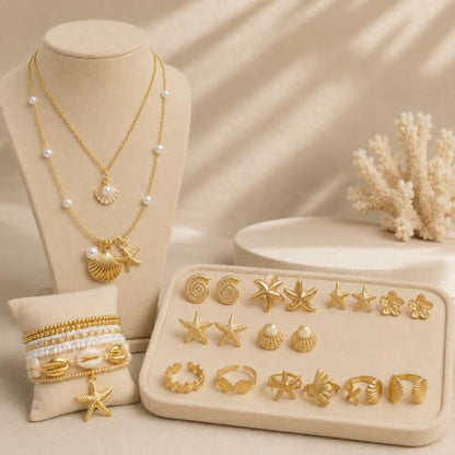 Boho Beach Jewelry Sets for Women | Summer Seashell Starfish Accessories, Necklace, Earrings, Rings Anklet - style: 24pcs Beach Set