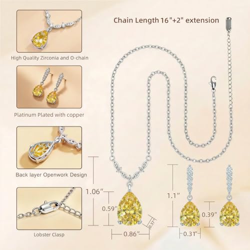 Platinum Plated Cubic Zirconia Teardrop Pendant Necklace Dangle Earrings Set, Silver Jewelry Set for Women,Wedding Jewelry Set for Bride,Bridesmaid Jewelry Gift, Gift for Valentine's Day, Birthday - color: Yellow