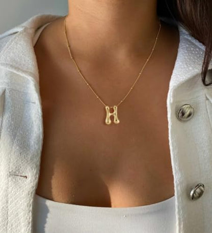Bheop Initial Necklace for Women, Gold Silver A-Z Bubble Letter Necklace | Chunky Personalized Monogram Name Pendant, Cute Balloon Charm, Dainty Beaded Chain, Trendy Jewelry Gifts, Non Tarnish - color: Gold, style: H