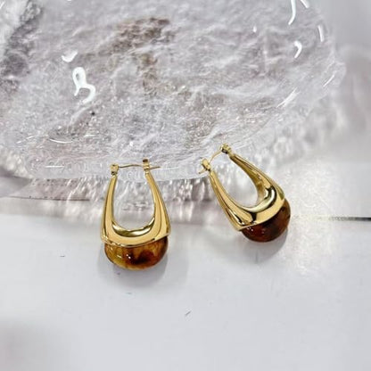Vintage Amber Resin Hoop Earrings for Women Statement Chunky U-Shaped Brown Thick Dangle Huggie Stainless Steel Retro Trendy Earring Fashion Jewelry Gift for Her
