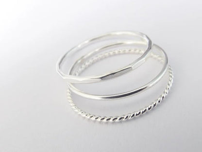 Solid 925 Sterling Silver Tone 3-Piece Stackable Set Smooth Hammered Twisted Texture Bands in Polished Handmade Women's Ring