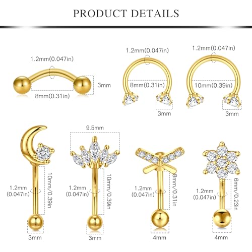 AVYRING 16g Rook Piercing Jewelry Gold Silver Eyebrow Rings Curved Barbell Daith Earrings for Women Horseshoe Septum Hoop Helix Earrings Surgical Steel Belly Button Rings Vertical Labret Lip Jewelry - style: B2- 12pcs- gold