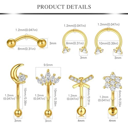 AVYRING 16g Rook Piercing Jewelry Gold Silver Eyebrow Rings Curved Barbell Daith Earrings for Women Horseshoe Septum Hoop Helix Earrings Surgical Steel Belly Button Rings Vertical Labret Lip Jewelry - style: B2- 12pcs- gold