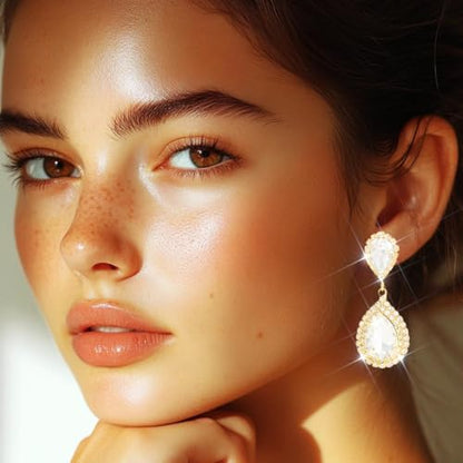 Catery Crystal Wedding Earrings Silver Rhinestone Ear Rings Teardrop Bridal Ear Jewelry for Brides and Women - color: Gold