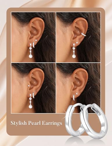 M MOOHAM Pearl Earrings for Women, 14K Gold Plated Pearl Drop Earrings | Hypoallergenic Pearl Dangle Earrings Set, Dainty Flat Back Stud Earring Stack, Bridal Shower Gifts, Wedding Jewelry - color: Silver