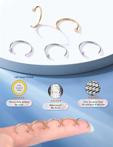 18G 20G 22G Nose Rings Hoops for Women Nose Piercing - Hypoallergenic 316L Stainless Steel Hoop Nose Rings Piercing Jewelry 5PCS Gold Silver Black Tone - color: Silver+Gold Plated