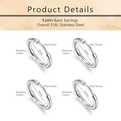 Small Hoop Earrings for Women, Stainless Steel Huggie Hoop earrings, 18G | 2/4/6 Pairs, 6mm/8mm/12mm Small Hoop Earrings, Lobe Helix Conch Tragus Daith Rook Cartilage Piercing Jewelry,Gold Silver - color: Silver-4pairs-6/8/10/12mm
