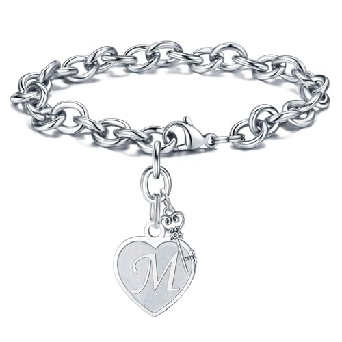 M MOOHAM Heart Initial Bracelets for Girls Women - Engraved 26 Letters Initial Charms Bracelet Stainless Steel Bracelet Birthday Christmas Jewelry Gift for Women Teen Girls - style: M - Heart