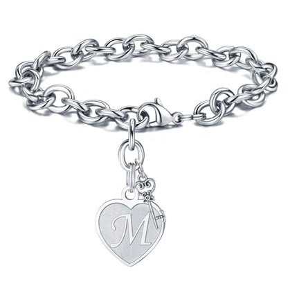 M MOOHAM Heart Initial Bracelets for Girls Women - Engraved 26 Letters Initial Charms Bracelet Stainless Steel Bracelet Birthday Christmas Jewelry Gift for Women Teen Girls - style: M - Heart