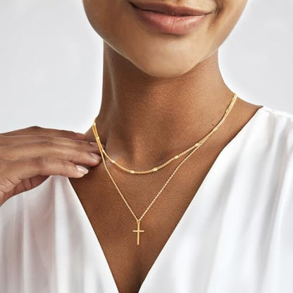Airmb Cross Necklace for Women Gold/Silver Plated Layered Dainty Cross Chain Trendy Choker Satellite Charm Small Crucifix Pendant Gold/Silver Necklace Stackable Hypoallergenic Delicate Gift for Women - color: Gold-2PS Dot Chain
