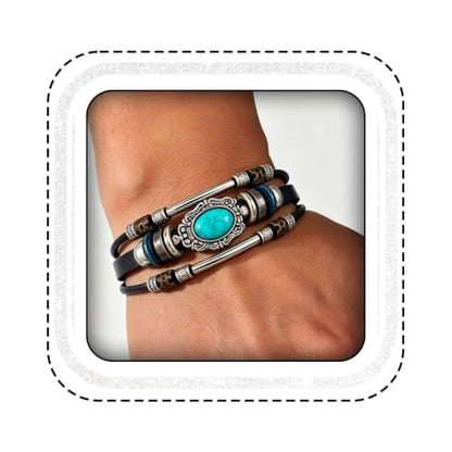 Leather Wrap Bracelets for Women Boho Multi-Layer Turquoise Bracelet Beads Stackable Bangle - color: B-Style