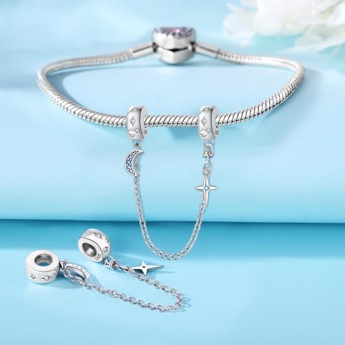 Spacer Stopper Beads for Bracelets & Necklaces, 925 Sterling Silver Beads | Smooth & Pave Cubic Zirconia (White, Blue, 18K Gold Plated) | Anti-Slide Separator Charms S925 Women Jewelry - color: Safety Chain Star and Moon