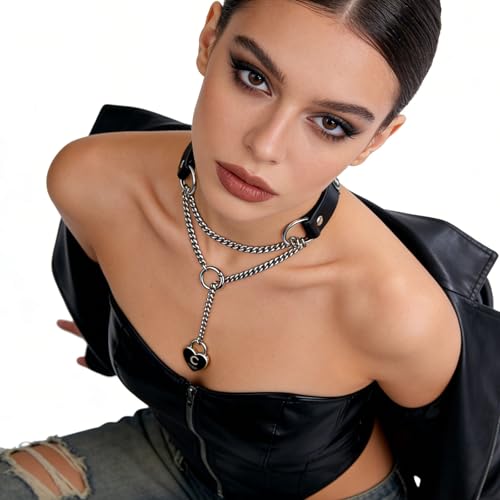 Heart Slip Chain Necklace Black Punk Gothic Leather Choker Collar Necklaces for Women - size: Large