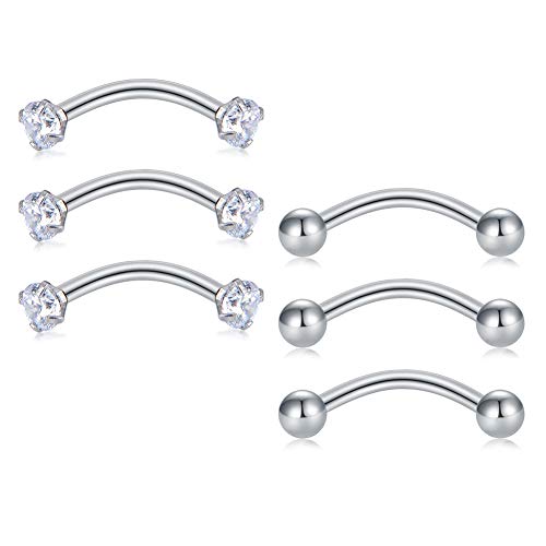 Briana Williams 6pcs Stainless Steel Rook Daith Earrings Belly Lip Ring Eyebrow Studs Cartilage Tragus Cubic Zirconia Barbell Body Piercing 8mm (5/16") - color: 3 -Silver