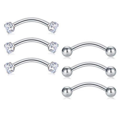 Briana Williams 6pcs Stainless Steel Rook Daith Earrings Belly Lip Ring Eyebrow Studs Cartilage Tragus Cubic Zirconia Barbell Body Piercing 8mm (5/16") - color: 3 -Silver