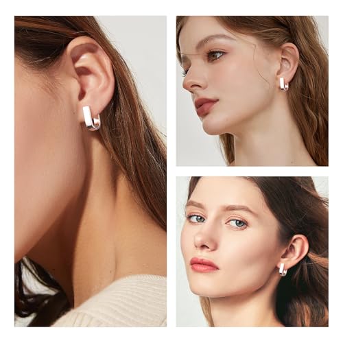 Chunky Hoop Earrings for Women Small Huggie Hoops Earrings Fashion Jewelry | 14k Gold Plated Hypoallergenic Thick Gold Silver Hoop Earrings Trendy Jewelry Gift Box, Daily Wear - color: Square hoop-Silver