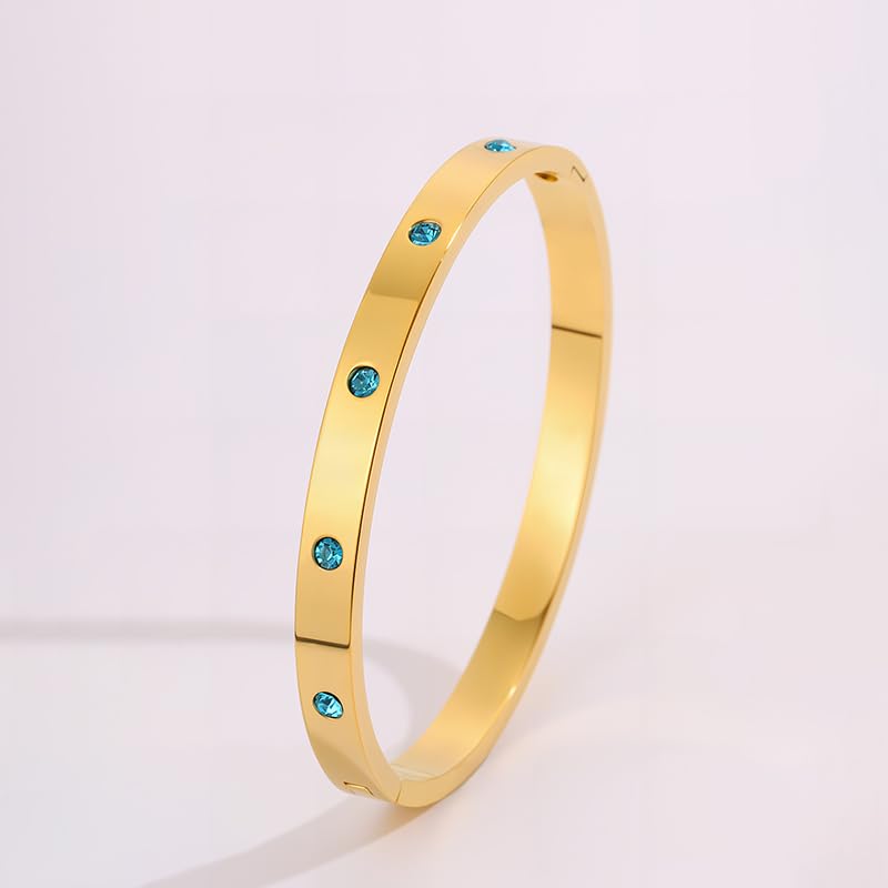 Women’s Gold Bracelet with Blue Crystals – Stainless Steel Slim Hinged Bangle