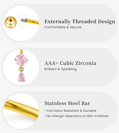BSJ4U Belly Button Rings Gold Plated Silver Pink Clear CZ Belly Rings for Women Heart Bow Flower Butterfly Teardrop Dangle Navel Belly Button Piercing Jewelry - color: Gold Plated Pink Dangle Belly Button Rings