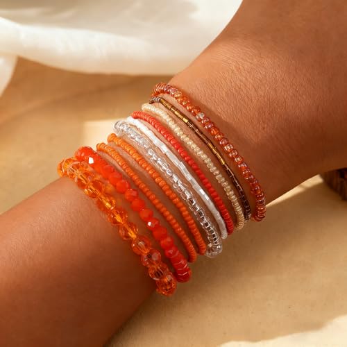 Handmade Stackable Rice Seed Beaded Ball Bracelets set for women, Romantic Boho Trendy Acrylic Glass Stretch Accessories Multi Layer Jewelry, Daily Wear Party Holiday Friendship Gift - color: Orange