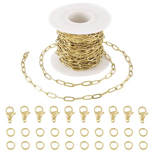 Pandahall 16.4 Ft 18K Gold Plated Paperclip Chains Stainless Steel Chains 9.7x4.2x1mm Gold Link Chains Kits with Lobster Clasps Jump Rings for DIY Bracelet Necklace Jewelry Making