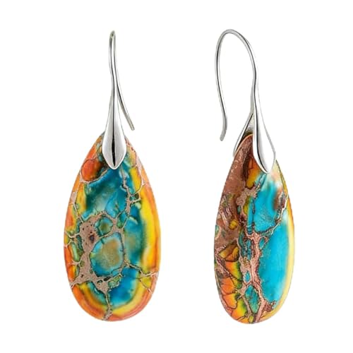 Boho Natural Imperial Jasper Teardrop Dangle Earrings for Women – Hypoallergenic French Hook Stone Drop Earrings Jewelry - color: Yellow Green Silvery Hook